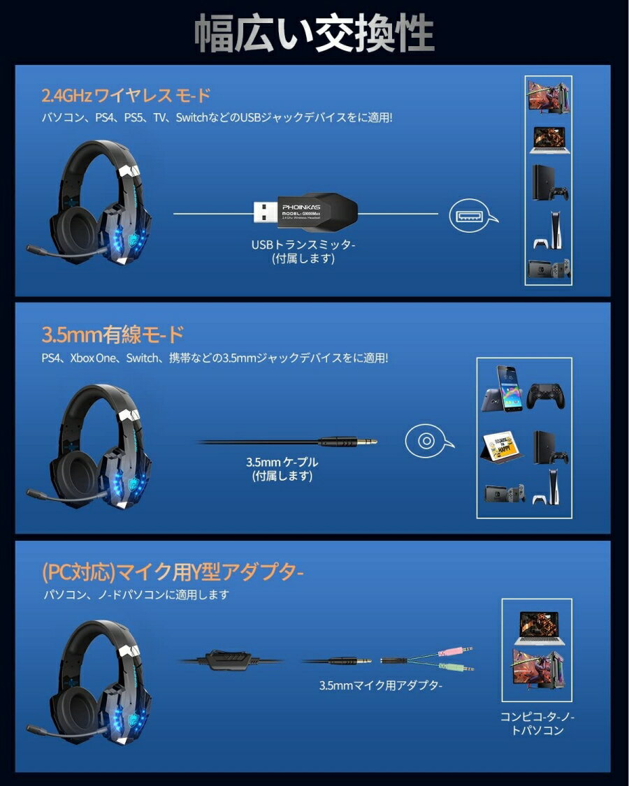 2.4GHz �磻��쥹 �����ߥ󥰥إåɥ��å� ps4 �إåɥۥ� ͭ��/̵��ξ�� �إåɥ��å� ps5 �ޥ����դ� �����ߥ� �ؤäɤۤ� �ե����ȥʥ��� �ؤäɤ��ä� Switch ͭ��/̵��ξ�� �����å� �إåɥե��� LED �֥롼�ȥ�����