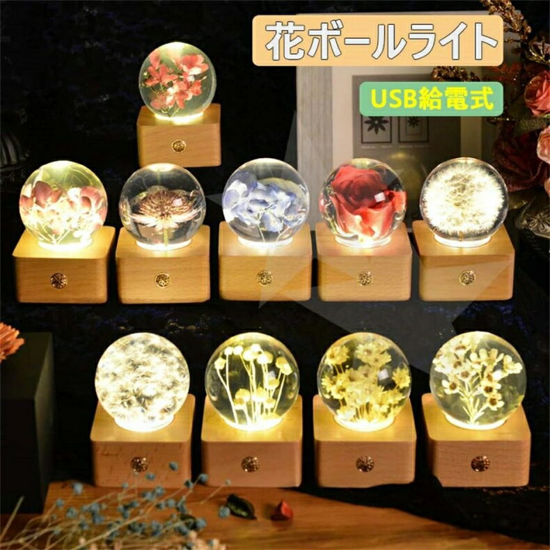 花ボール 生花ライト クリスタルボール ガラス玉 ナイトライト LED USB充電 6.5cm径ボール バラ ドライフラワー プリザーブドフラワー 常夜灯 卓上ライト プレゼント 誕生日 ギフト 人気 贈り物 開店 結婚記念日 お祝い 結婚祝い 部屋飾り