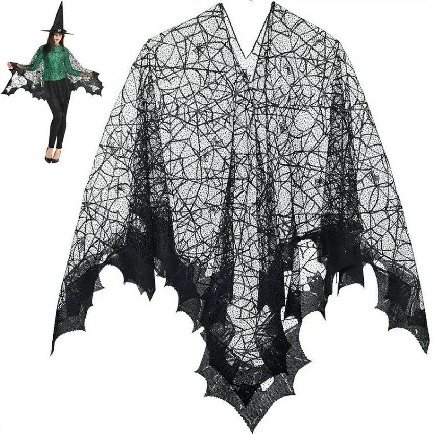 2025年新作ハロウィンコウモリマントハロウィンパーティーイベントストール黒レース蜘蛛の巣布芸コウモリのマント152*152cm