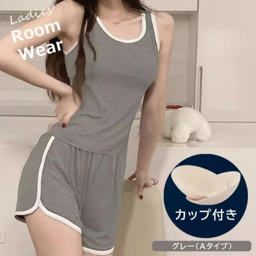シンプルなパイピングラインがかわいくオシャレ ?選べる2種類 4色展開 レディース パッド付き カップ付き ルームウェア セットアップ タンクトップ ショーパン ホワイト トップス かわいい セクシー ショートパンツ 短パン Tシャツ