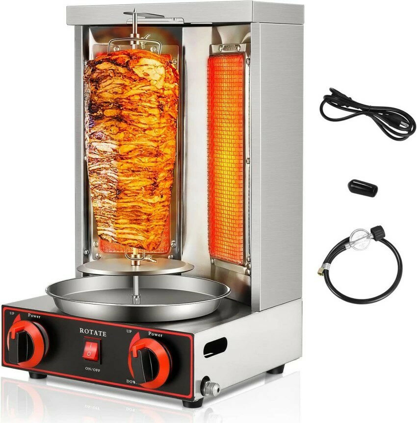 縦型グリラー 業務用 自転式サラダチキンメーカー プロパンガスマシン 2バーナー付き 無煙 360°回転可能 食品用ステンレス鋼 二重制御独立スイッチ 容易な温度制御 ケバブマシン ロースト用 ローストチキン 焼き豚とご飯 飲食店向け 電圧110V