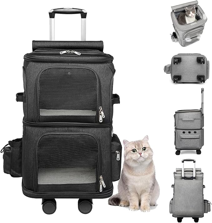 Knapsack Carrier - ペットキャリーバッグ キャスター付き 4輪360度回転 二層トロリーバッグ折りたたみ可大容量 安定性 小型犬 猫 小動物 15kgまで リュック キャリーカート4way 通気性 散歩 旅行 通院 防災避難用
