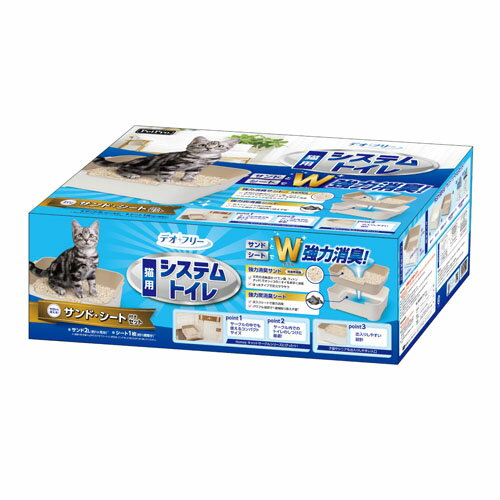 メーカー名／ブランド名ペットプロジャパン／PetPro／株式会社 ペットプロジャパンジャンルペット用品／猫用品／キャットトイレタリー／トイレ用品／セット／猫トイレ／猫砂／トイレサンド／トイレシート商品名ペットプロ デオフリー 猫用システムトイレセット／PetPro商品説明デオフリー強力消臭サンド2L（1か月分）とデオフリー強力炭消臭シート1枚（1週間分）付きのシステムトイレです。【強力消臭サンド】天然の消臭成分（クエン酸、フィトンチッド）でオシッコのニオイを素早く消臭！はっ水タイプで足元サラサラ。抗菌剤配合でいつも清潔。【強力炭消臭シート】炭入りシートがニオイを強力消臭。パワフル吸収で1週間取り替え不要です。サークルの中でも使えるコンパクトサイズ。・サークル内でのトイレのしつけに最適です。・子猫でも出入りがしやすい形状。・リビングに置いてもなじむナチュラルなカラー。＜材質／素材＞システムトイレ(スノコ、トレー、専用スコップ)：ポリプロピレン／強力消臭サンド：紙、木粉、撥水材、クエン酸、抗菌剤／強力炭消臭シート：ポリオレフィン不織布、綿状パルプ、吸水紙、高分子吸収材、ポリエチレンフィルム、ホットメルト接着剤■トイレサイズ…約幅42.6cm×奥行30.6cm×高さ14cm(入口高さ約11.5cm)＜セット内容＞トレー、スノコ、スコップ、強力消臭サンド2L(約1か月分)、強力炭消臭シート(約1週間分)商品区分ペット用品製造国中国広告文責株式会社MIFソフト　072-997-7109商品について・予告なく「商品パッケージ」「容器のデザイン」「商品の仕様」が変更となる場合があり、お届けする商品と掲載画像または商品情報が異なる場合がございます。・並行輸入品に関しましては、海外仕様の商品もございます。ご理解の上ご購入をお願い致します。