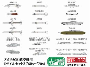 1/72 アメリカ グン コウクウキヨウ ミサイル セット 2 60s 70s飛行機プラモデル発売日2026/12/31詳しい納期他、ご注文時はご利用案内・返品のページをご確認ください関連キーワード1/72航空機用アクセサリーファインモールドカスタマイズパーツディテールアップ関連キーワード：スケールモデル スケールプラモデル 飛行機模型 模型商品説明1/72 アメリカ軍 航空機用ミサイルセット2（’60s〜’70s） FF104 プラモデルパーツプラモデル【数量限定商品】商品特徴商品解説：キット内容アメリカ軍F-4戦闘機をはじめ1960年代〜70年代に運用された航空機に広く適合するミサイルのセットです。内容：AIM-4Dファルコン×4、AIM9-B×4、AIM-9D/G/H×4、AGM-12ブルパップ（小型）×2、AN/ALQ-119 ECMポッド×2、AN/ALQ-87 ECMポッド×2、AN/ALQ-101 ECMポッド×2、20mmガンポッド（空軍用SUU-16A）×2、AIM-7Eスパロー×4、AIM-9E×4、AIM-9J×4、F-4用の1/9ステーションパイロン、2/8ステーションパイロン、AIM-4D用ラック付パイロン×2が入っています。カテゴリー：プラモデルパーツ仕様：1/72スケール関連商品ファインモールド 1/72航空機用アクセサリープラモデルパーツ一覧プラモデルツール（工具）一覧商品スペック 種別 グッズ 飛行機プラモデル JAN 4536318711049登録日2026/08/28