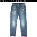 フィリッププレイン PHILIPP PLEIN メンズ パンツ ボトムス ロゴ クラッシュ加工・ロールアップ部分プリント付デニム インディゴブルー SS13 HM5062 08AB 13S【送料無料】【smtb-TK】