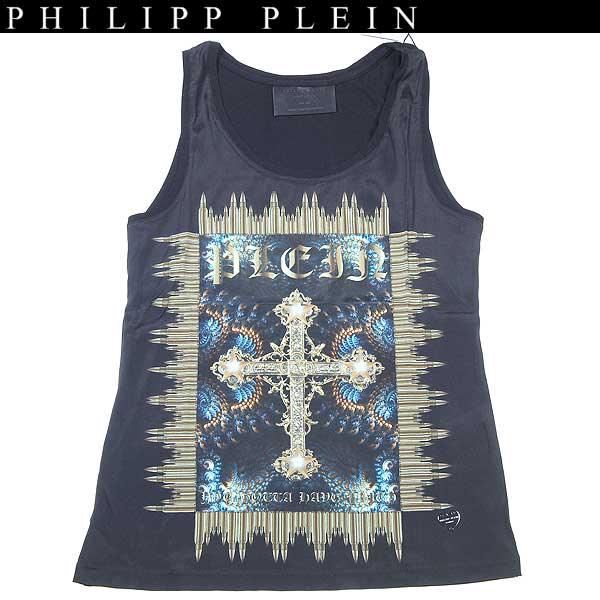 フィリッププレイン PHILIPP PLEIN レディース トップス ノースリーブ タンクトップ ロゴ バレット(銃弾)・クロスロゴプリント・ハート型メタルロゴプレーツ付シルクカノースリーブ 