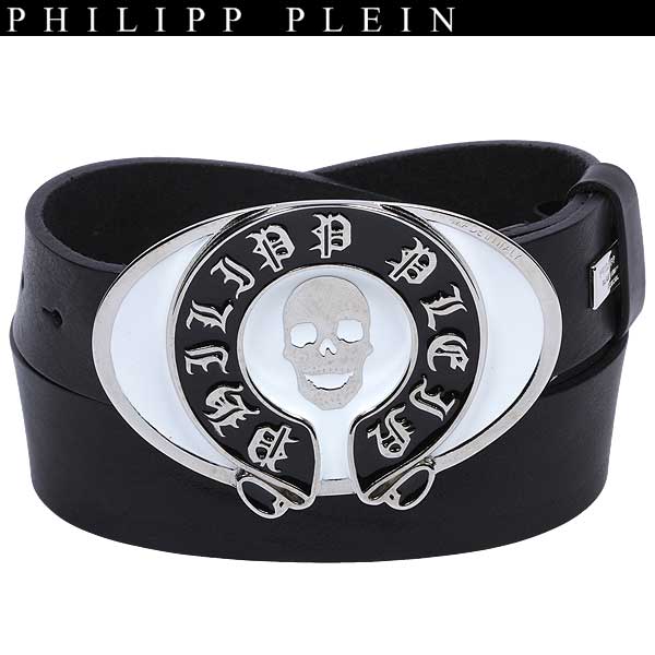 楽天ガッツ ブランドショップフィリッププレイン PHILIPP PLEIN メンズ 小物 ベルト スカルロゴビッグバックル・レザーロゴ刻印付きレザーベルト 色違い（BK/BK）あり AM710006 0201 BK/WH 13A【送料無料】【smtb-TK】