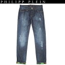 フィリッププレイン PHILIPP PLEIN メンズ パンツ ボトムス デニム クラッシュ加工・ロールアップ部分カモ柄・ バックポケットスカルロゴ付デニム 