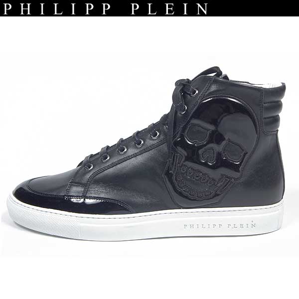 フィリッププレイン PHILIPP PLEIN メンズ 靴 スニーカー ハイカット ロゴ エナメル加工・スカルロゴワッペン付レザーハイカットスニーカー ブラック SM980001 2 13A【送料無料】【smtb-TK】