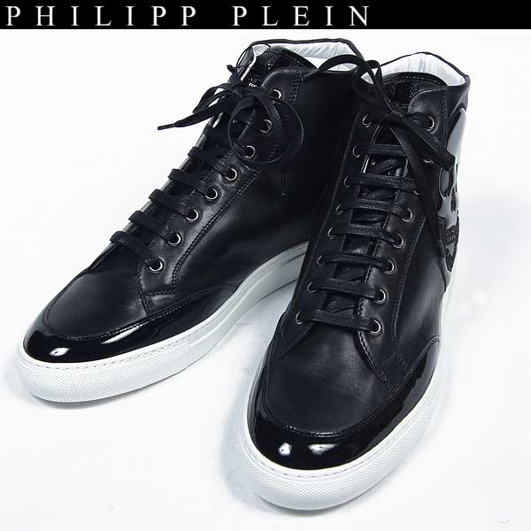 フィリッププレイン PHILIPP PLEIN メンズ 靴 スニーカー ハイカット ロゴ エナメル加工・スカルロゴワッペン付レザーハイカットスニーカー ブラック SM980001 2 13A【送料無料】【smtb-TK】