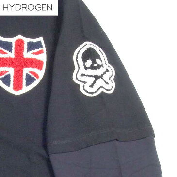 ハイドロゲン HYDROGEN メンズ BRONZAJI ロング Tシャツ ロンT 長袖 カットソー 重ね着風デザイン イギリス国旗ワッペン 黒ブラック 138009 NERO 759 13A