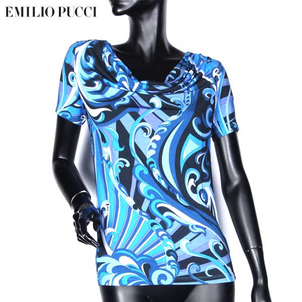 エミリオプッチ Emilio Pucci レディース トップス インナー カットソー 半袖Tシャツ 胸ドレープ プッチ柄 総柄マルチプリントTシャツ ブルー 青 36RM86 36798 009 13A (R50400)【送料無料】【smtb-TK】