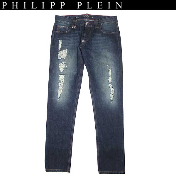 樂天商城 - フィリッププレイン PHILIPP PLEIN メンズ ボトムス パンツ ジーンズ ジーパン デニムパンツ ロゴ入りクラッシュブルージーンズ ダメージ加工 青 HM570013 14BN 13A (R106800)【送料無料】【smtb-TK】