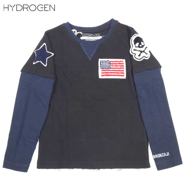 乐天商城 - ハイドロゲン HYDROGEN キッズ トップス インナー カットソー ロングTシャツ Vガゼット マルチワッペンレイヤードロングTシャツ ブラック/ネイビー 14B008 007 (R14700) NERO 14S