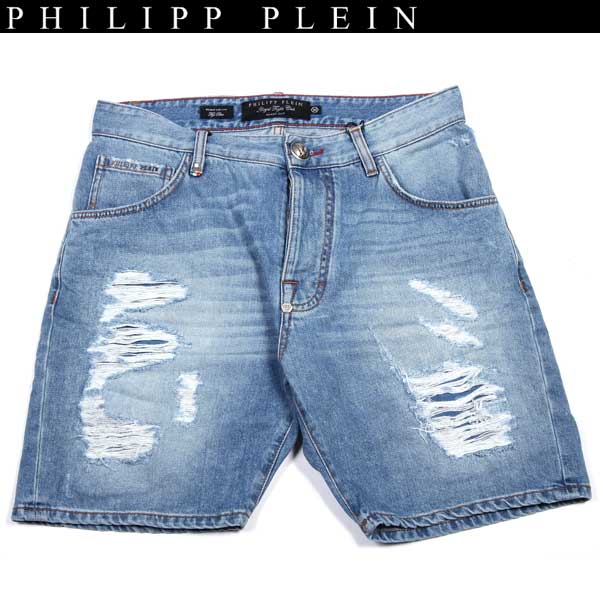 樂天商城 - フィリッププレイン PHILIPP PLEIN メンズ パンツ ボトムス ハーフパンツ クラッシュ加工・ポケット部分スカルロゴ付ハーフデニムパンツ ブルー HM521573 07FB blue 14S (R95800)【送料無料】【smtb-TK】
