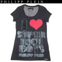 フィリッププレイン PHILIPP PLEIN レディース Tシャツ 半袖 トップス rich boys フロントハート部分ラインストーン/メッセージ付きカット...