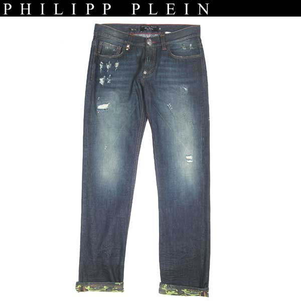 フィリッププレイン PHILIPP PLEIN メンズ パンツ ボトムス デニム ジーンズ 裏地カモフラージュ柄 バックポケットエンボス加工スカル ダメージ加工テーパードデニム インディゴブルー 青 