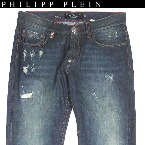 フィリッププレイン PHILIPP PLEIN メンズ パンツ ボトムス デニム ジーンズ 裏地カモフラージュ柄 バックポケットエンボス加工スカル ダメージ加工テーパードデニム インディゴブルー 青 