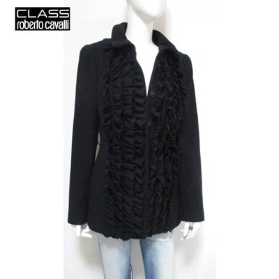 クラスロベルトカバリ Class Roberto Cavalli レディース アウター ジャケット コート ウエストベルト付き・フリルデザインウールコート ブラック CD 021 801 12A (R175813/R165900)【送料無料】【smtb-TK】