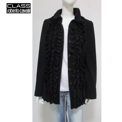 クラスロベルトカバリ Class Roberto Cavalli レディース アウター ジャケット コート ウエストベルト付き・フリルデザインウールコート ブラック CD 021 801 12A (R175813/R165900)【送料無料】【smtb-TK】