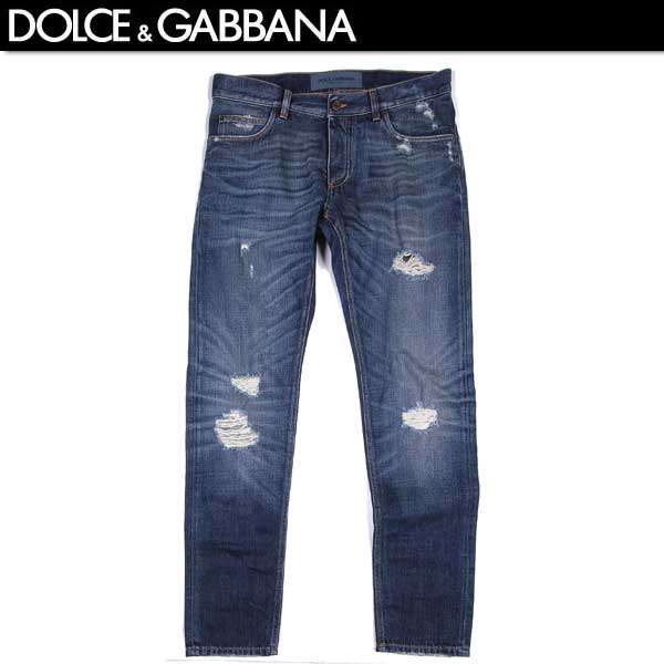 ドルチェ＆ガッバーナ DOLCE&GABBANA ドルガバ メンズ ボトムス デニムパンツ クラッシュ加工・レザーロゴタグ付クラッシュデニムパンツ 青 G6LBCD G8532 59001 61S (R79000)【送料無料】【smtb-TK】