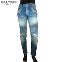 バルマン BALMAIN メンズ ボトムス デニム パンツ ジーンズ スキニー ライダースパンツ クラッシュ加工・ロゴ・ジップポケットバイカーデニムパンツ ブルー POHT551 C710V 155 71S (R182520) 【送料無料】【smtb-TK】