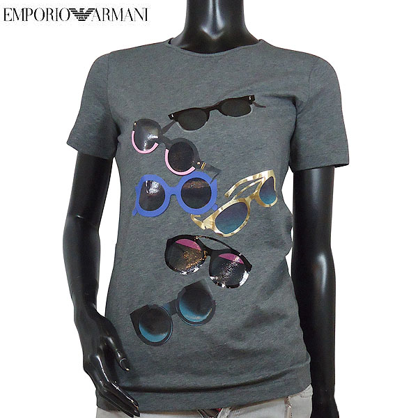 エンポリオアルマーニ EMPORIO ARMANI レディース トップスインナーカットソー Tシャツ 半袖 バックイーグルロゴ・フロントサングラスデザイン入りラウンドネックTシャツ 色違いチャコールグレー(ホワイト)あり 3Y2T7A 2J7SZ 0632 71S (R38880) 【送料無料】【smtb-TK】