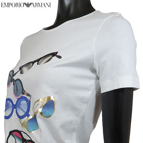 エンポリオアルマーニ EMPORIO ARMANI レディース トップス Tシャツ 半袖 ロゴ バックイーグルロゴ・サングラスデザイン入りラウンドネックTシャツ メガネ 眼鏡 ホワイト 白 色違い(グレー)あり 3Y2T7A 2J7SZ 0100 71S (R38880) 【送料無料】【smtb-TK】