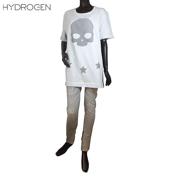 ハイドロゲン HYDROGEN レディース Tシャツ 半袖 トップス フロントスカル/バック数字/星・サイドメッシュ加工入りラウンドネックカットソー ホワイト 色違いもあり 201612 001 71S