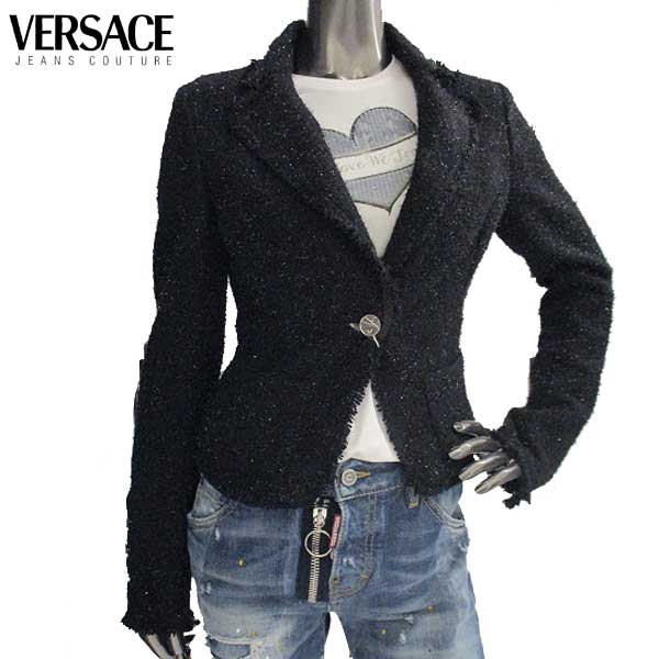 Rakuten - ヴェルサーチジーンズクチュール VERSACE JEANS COUTURE レディース スーツ ジャケット アウター ボタンVロゴ・ラメ入りスーツジャケット ブラック 色違い(ライトブルー/黄)あり MV7523 33815 900 5A (R75800)【送料無料】【smtb-TK】