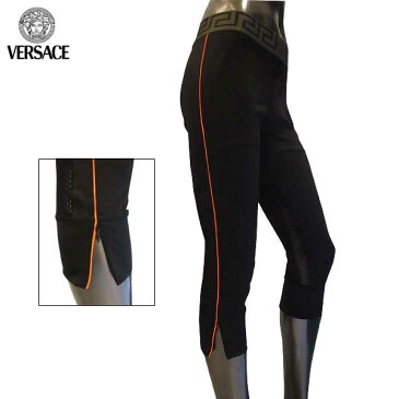 ヴェルサーチ VERSACE レディース パンツ レギンス ボトムス スポーツウェア ウエスト部分グレカ柄/メデューサロゴ・メッシュ加工・裾部分ジップ・サイドライン付き七分丈レギンス ブラック AUD03038 AN00178 A3196 71A (R41000)【送料無料】【smtb-TK】