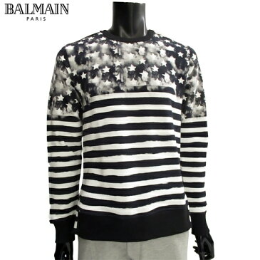 バルマン BALMAIN メンズ プリントセーター トレーナー スウェット生地 アメリカ国旗 ボーダー柄 モノトーンカラー 星柄 スター 白 黒S8H6701 I088 181 81S【送料無料】【smtb-TK】