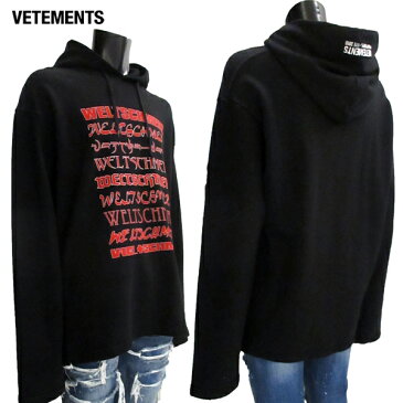 ヴェトモン VETEMENTS メンズ トップス パーカー フーディ ロゴ ユニセックス可 袖ロングデザイン WELTSCHMERZ・フード部分ロゴ刺繍・ロングスリーブパーカー ブラック MSS18TR66 BLACK 81S (R165000)【送料無料】【smtb-TK】