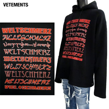 ヴェトモン VETEMENTS メンズ トップス パーカー フーディ ロゴ ユニセックス可 袖ロングデザイン WELTSCHMERZ・フード部分ロゴ刺繍・ロングスリーブパーカー ブラック MSS18TR66 BLACK 81S (R165000)【送料無料】【smtb-TK】