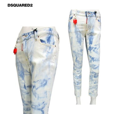 ディースクエアード DSQUARED2 レディース パンツ ボトムス デニム ロゴ 七分丈 ブリーチ加工・ムラ染め・南京錠/赤鍵チャーム付きクロップドデニム 青 白 S75LB0128 S30342 470 91S (R76500)【送料無料】【smtb-TK】