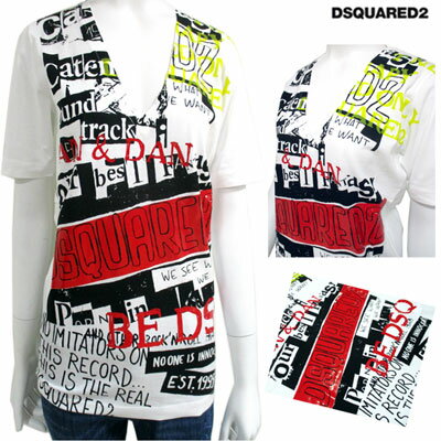 ディースクエアード DSQUARED2 レディース トップス Tシャツ 半袖 カットソー ロゴ マルチプリント・ロゴ入りVネックカットソー 白 S75GC0974 S22427 100 91S (R33500)【送料無料】 【smtb-TK】