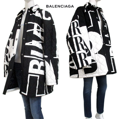 バレンシアガ BALENCIAGA レディース アウター ジャケット コート ロゴ ユニセックス着可 総柄マルチBALENCIAGAロゴプリント付キルティングコート 白 黒 556220 TDL50 1070 GB91S (R284040) 【送料無料】 【smtb-TK】