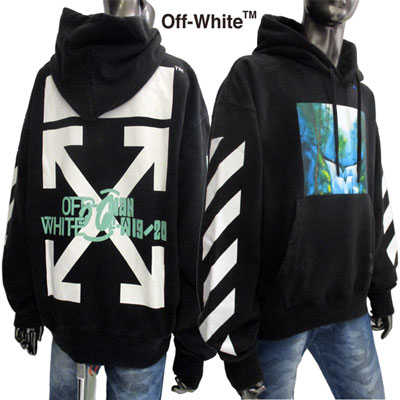 オフホワイト OFF-WHITE メンズ トップス パーカー フーディー ロゴ ヴィンテージ加工 バックアロー・フロントアート(森/滝/鳥/風景)プリント付きフ...
