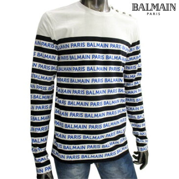 バルマン BALMAIN メンズ トップス ロンT ロングスリーブ 長袖 ロゴ ショルダーBALMAINロゴボタン・ボーダーBALMAINロゴプリントロングTシャツ ホワイト SH11250 I104 EAG (R68040) 91A【送料無料】 【smtb-TK】