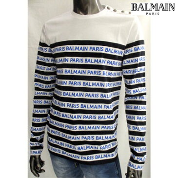 バルマン BALMAIN メンズ トップス ロンT ロングスリーブ 長袖 ロゴ ショルダーBALMAINロゴボタン・ボーダーBALMAINロゴプリントロングTシャツ ホワイト SH11250 I104 EAG (R68040) 91A【送料無料】 【smtb-TK】