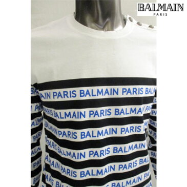 バルマン BALMAIN メンズ トップス ロンT ロングスリーブ 長袖 ロゴ ショルダーBALMAINロゴボタン・ボーダーBALMAINロゴプリントロングTシャツ ホワイト SH11250 I104 EAG (R68040) 91A【送料無料】 【smtb-TK】