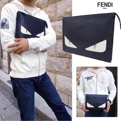 フェンディ FENDI メンズ 鞄 バッグ クラッチバッグ ユニセックス可 ロゴ バッグバグズロゴ付レザークラッチバッグ ネイビー 7VA433 A8V9 F018AV (R215400) 91A【送料無料】 【smtb-TK】