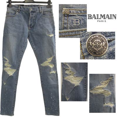 バルマン BALMAIN メンズ パンツ ボトムス デニム ロゴ クラッシュ・ダメージ加工・Bロゴ刺繍入りスリムデニムパンツ ブルー TH15230 Z037 6AA (R120000) 02S 春夏 【送料無料】 【smtb-TK】