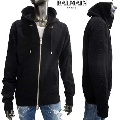 2020年春夏新作 バルマン(BALMAIN) メンズ トップス パーカー フーディ アームエンボス加工ロゴライン入りジップアップパーカー ブラック 黒 TH13122 I240 0PA (R120000) 02S【送料無料】 【smtb-TK】