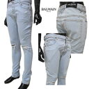 バルマン BALMAIN メンズ パンツ ボトムス デニム ロゴ ダメージ/クラッシュ加工・ロゴ刻印ボタン・Bロゴ刺繍入りスリムデニムパンツ ライトブルー TH05230 Z009 6AA (R112500) 02S 春夏 【送料無料】 【smtb-TK】