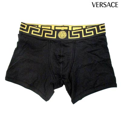 ヴェルサーチ VERSACE メンズ 下着 アンダーウェア ロゴ 一枚入り 丈長いタイプ・ウエスト部分グレカ柄・メデューサ付きボクサーパンツ 黒 AU10028 A232741 A80G (R8800/R12100) 02A 秋冬【送料無料】 【smtb-TK】