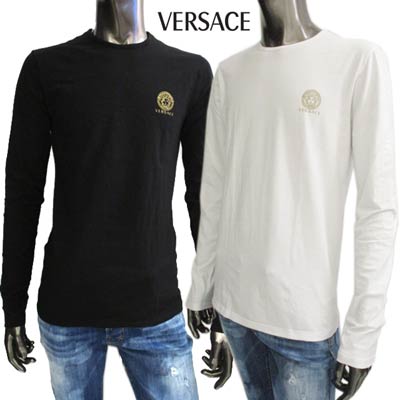 ヴェルサーチ ヴェルサーチ VERSACE メンズ トップス Tシャツ ロンT 長袖 2color チェスト部分メデューサ付きVERSACEロゴ入りロングTシャツ ホワイト ブラック AUU01007 A232741 A1008 (R12100/R15400) 02A 秋冬【送料無料】 【smtb-TK】