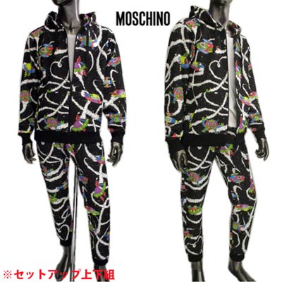モスキーノ MOSCHINO メンズ セットアップ上下組 トップス パンツ ロゴ 宇宙船/ロボット柄・ポップアートプリント付セットアップ上下組ジャージ 黒 17...