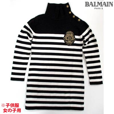 楽天ガッツ ブランドショップバルマン BALMAIN レディース キッズ 子供服 ニット ワンピース カシミヤ混・ストライプ柄・BALMAINロゴ刻印ボタン・ロゴワッペン付ハイネックニットワンピース 6O1100 OC130 930 （R56100） 121 春夏【送料無料】 【smtb-TK】