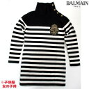バルマン BALMAIN レディース キッズ 子供服 ニット ワンピース カシミヤ混・ストライプ柄・BALMAINロゴ刻印ボタン・ロゴワッペン付ハイネックニット...